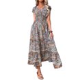 thumbnail image 1 of Women's Plus Size Printed V Neck Short Sleeve Midi Dress Frill Smocked Detail one hundred percent polyester fabric, 1 of 8