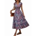 thumbnail image 1 of Women's Plus Size Printed V Neck Short Sleeve Midi Dress Frill Smocked Detail one hundred percent polyester fabric, 1 of 8