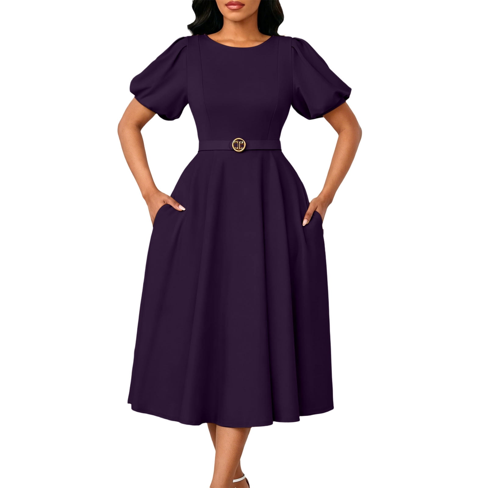 ladies party dresses size 20 Women's Plus Puff Sleeve Cocktail Dress, Elegant Belted A-Line Swing Wedding Guest with Pockets party plus size dresses