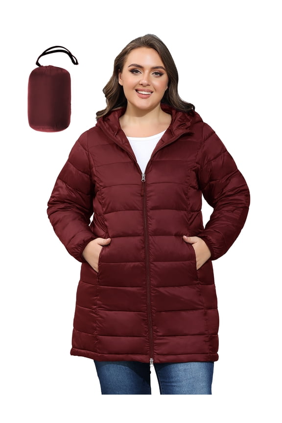 Women's Plus Size Puffer Jacket, Packable Puffer Winter Coat with Hood (Wine, S)
