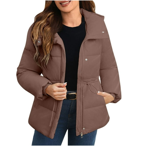 Women's Plus Size Puffer Jacket with Hoodie Solid Color Hooded Drawstring Zipper Button Jacket with Pocket Oversized Puffer Coat(Brown S)