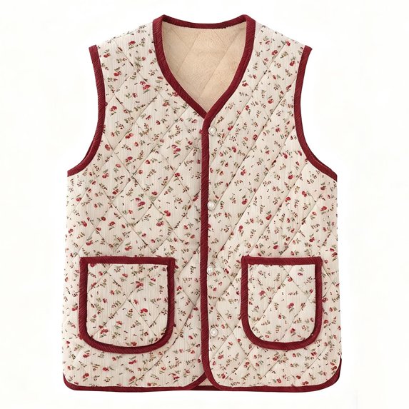 Women's Plus Size Puffer Vest Casual Floral Print Button Front Sleeveless Jackets Fall Winter Warm Outerwear Red 3XL