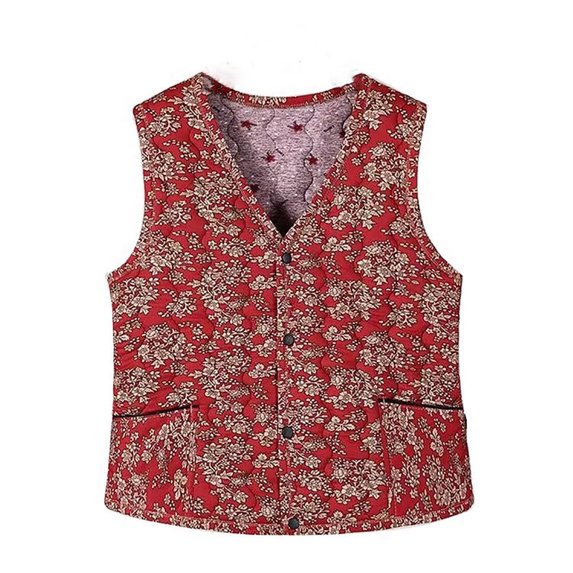 Women's Plus Size Puffer Vest Casual Floral Print Button Front Sleeveless Jackets Fall Winter Warm Outerwear Red 4XL