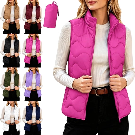 Women's Plus Size Puffer Vest Lightweight Packable Wave-Quilted Stand Collar Sleeveless with Carry Bag Vest