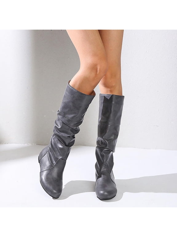Women's Plus Size Pull On Slouchy Mid Calf Boots Smocked Soft Faux Leather Flat Low Heel Wide Fit for Daily Outings Autumn Street Style Gray 37