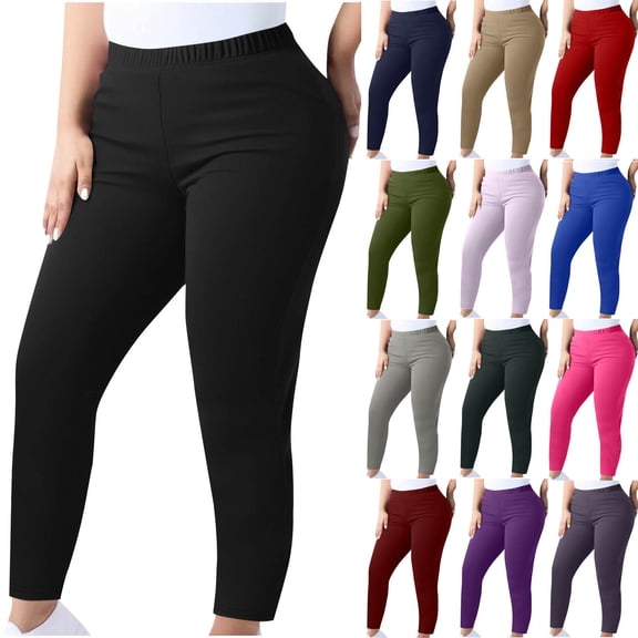 Women's Plus Size Pull On Stretch Pants Casual Skinny Leggings for Women Solid Color High Waist Yoga Pants Black 3XL