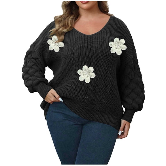 Women's Plus Size Pullover Sweater Fall Casual Loose V Neck Floral Sweaters Long Sleeve Chunky Knit Tops Winter Fashion Clothing