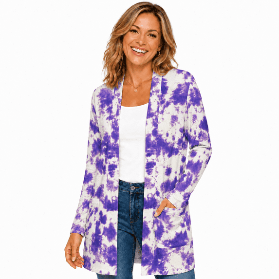 Women's Plus Size Purple Tie Dye Cardigan, Long Sleeve Open Front Tunic with Pockets