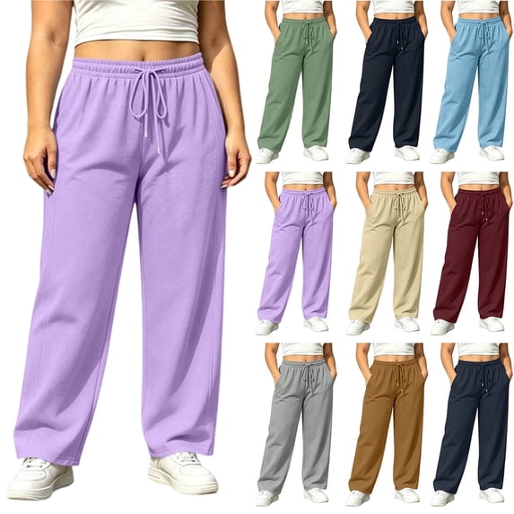 Women's Plus Size Purple Wide Leg Sweatpants, High Waist Drawstring Casual Athletic Long Pants with Deep Side Pockets, Loose Fit Lounge Workout Jogger Trousers Sizes L-4XL