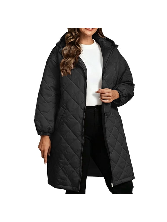 Women's Plus Size Quilted Coat Hooded Mid-Length Zip Up Lightweight Padded Jacket Loose Fit Outerwear for Work Daily Wear Fall Winter