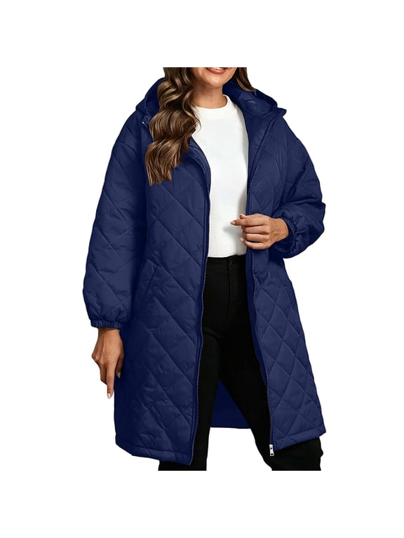 Women's Plus Size Quilted Coat Hooded Mid-Length Zip Up Lightweight Padded Jacket Loose Fit Outerwear for Work Daily Wear Fall Winter