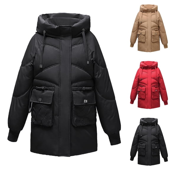 Women's Plus Size Quilted Jacket Casual Colored Long-Sleeved Hooded Jacket Oversized Puffer Coat(Black M)