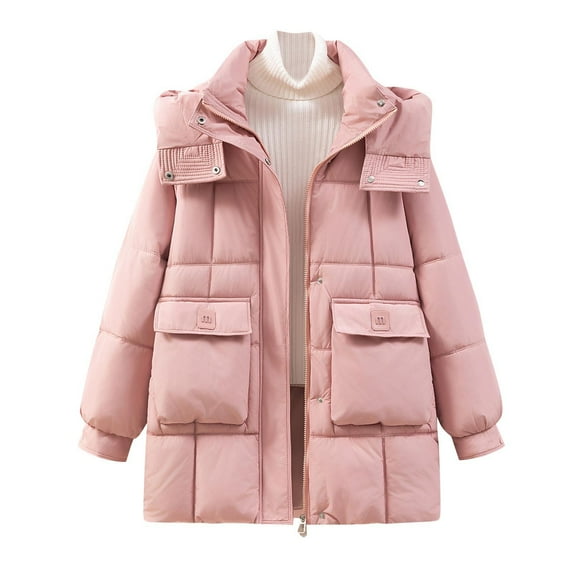 Women's Plus Size Quilted Jacket Casual Colored Long-Sleeved Hooded Jacket Oversized Puffer Coat(Pink 2XL)