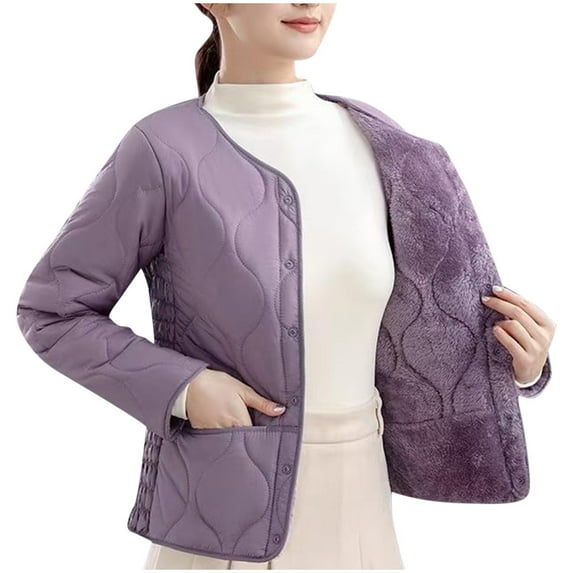 Women's Plus Size Quilted Jacket Casual V-Neck Solid Color Long Sleeved Parkas Coat S Oversized Puffer Coat(Purple M)