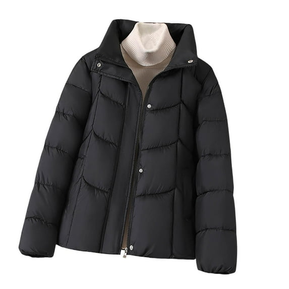 Women's Plus Size Quilted Jacket Solid Color Long-Sleeved Hoodless Zipper Jacket Oversized Puffer Coat(Black 3XL)