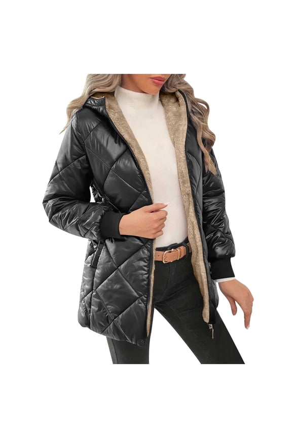 Women's Plus Size Quilted Jacket Solid Long Sleeved Hooded Jacket Oversized Puffer Coat(Black 2XL)