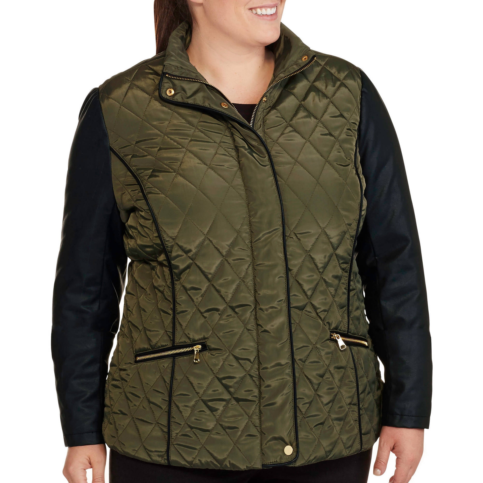 Women's PlusSize Quilted Jacket With Faux Leather Sleeves