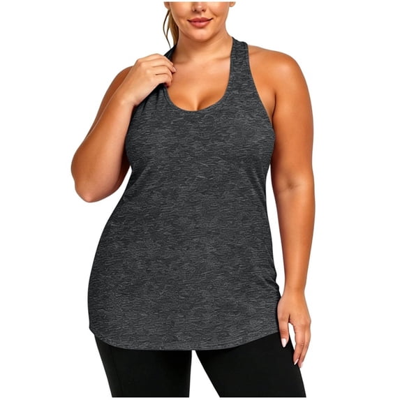 Women's Plus Size Racerback Tank Tops U Neck Cutout Back Sleeveless Workout T Shirts Loose Fit Running Athletic Yoga Shirts Dark Gray
