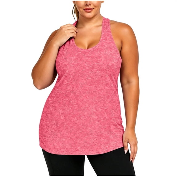 Women's Plus Size Racerback Tank Tops U Neck Cutout Back Sleeveless Workout T Shirts Loose Fit Running Athletic Yoga Shirts Pink