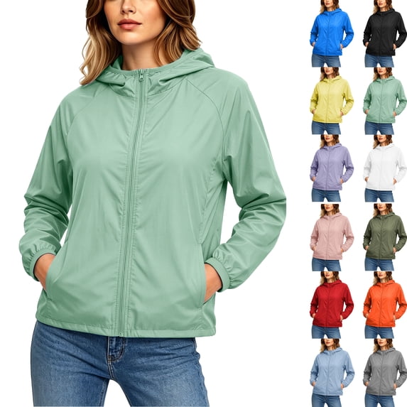 Women's Plus Size Rain Jackets Waterproof Summer Hoode Solid Color Zipper Sunscreen Jacket