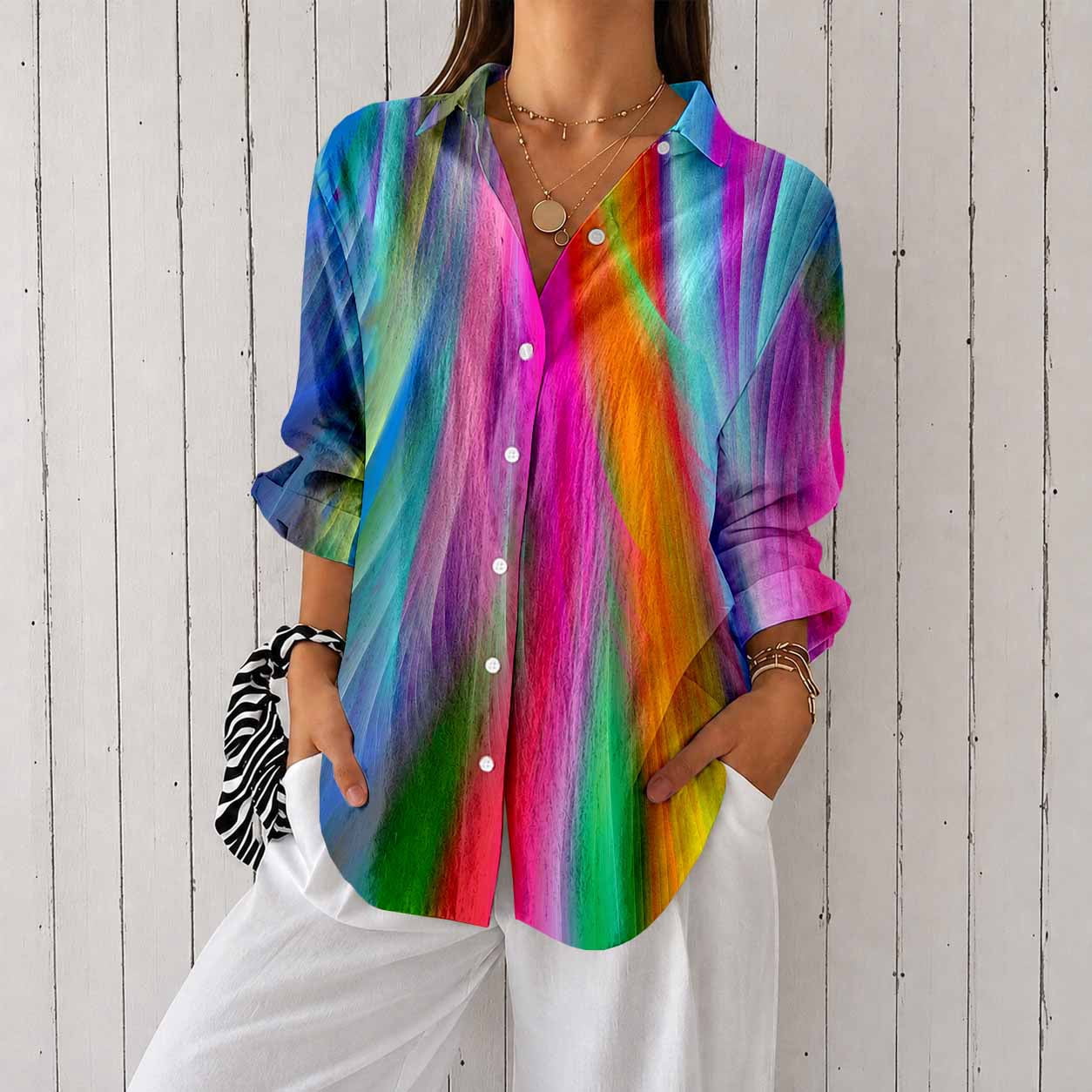 Printer Rambow Women's Plus Size Rainbow Abstract Print Button Down Shirt, Long Sleeve ...