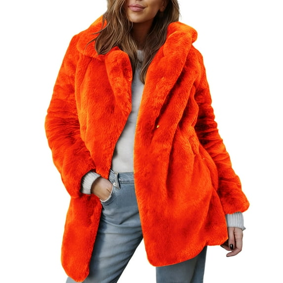 Women's Plus Size Red Faux Fur Coat Solid Color Long Sleeve Warm Winter Jacket for Casual Wear