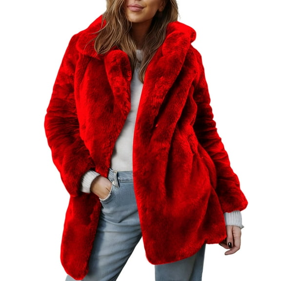 Women's Plus Size Faux Fur Coat — Long Sleeve Winter Jacket in Solid Red, Burgundy & Maroon Shades, Warm & Cozy Outerwear for Casual Wear