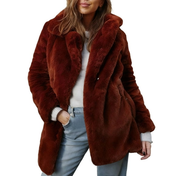 Women's Plus Size Faux Fur Coat — Long Sleeve Winter Jacket in Solid Red, Burgundy & Maroon Shades, Warm & Cozy Outerwear for Casual Wear
