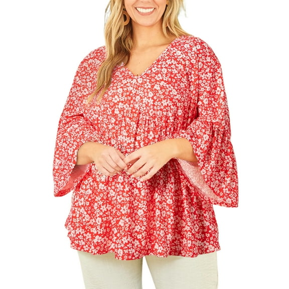 Women's Plus Size Red Floral V Neck Blouse with Flared Bracelet Sleeves - [ZhiHiMeRi] | (US 26W-28W)4X