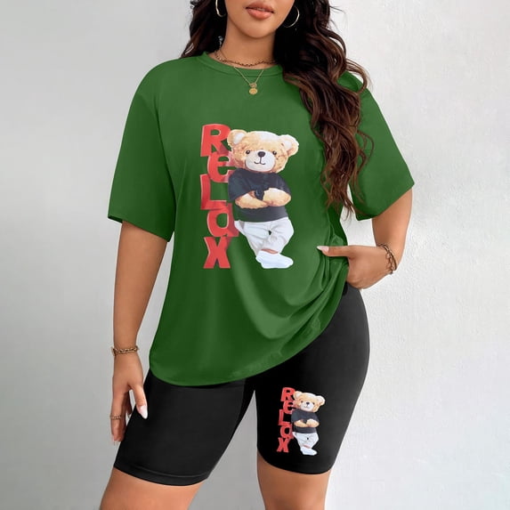 Women's Plus Size Relax Bear Print T-Shirt & Shorts Set