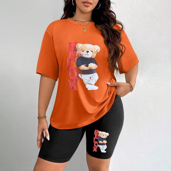 Women's Plus Size Relax Bear Print T-Shirt & Shorts Set