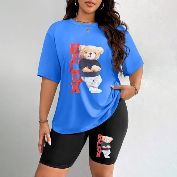 Women's Plus Size Relax Bear Print T-Shirt & Shorts Set