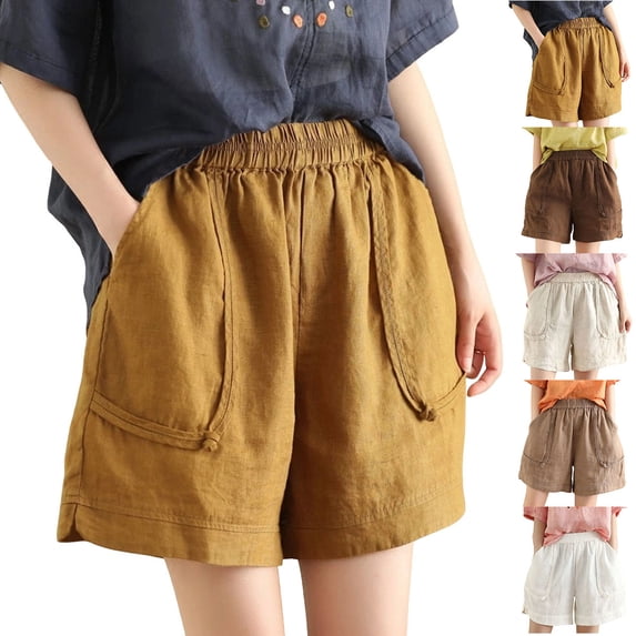 Women's Plus Size Relaxed Fit Shorts, Elastic Waist Convenient Pockets, Solid Color Pull‑on Shorts for Summer Daily Casual | TruHer,White 2XL