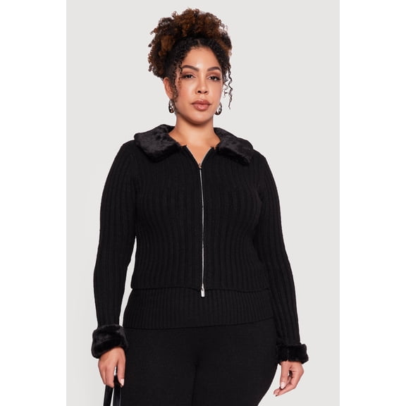 Women's Plus Size Removable Faux Fur Trim Zip Front Sweater