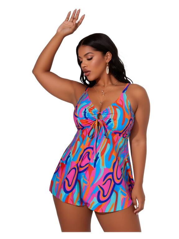 Women's Plus Size Retro Swirl Print Tankini - Flowy Tummy Coverage Bathing Suit Top