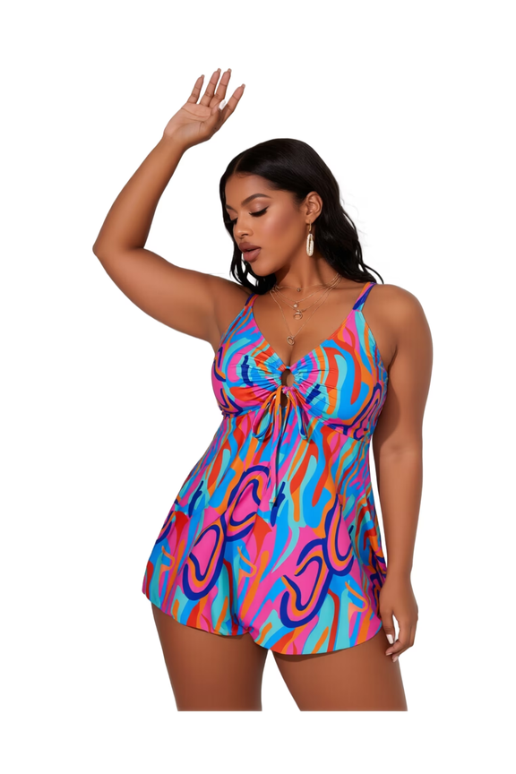 Women's Plus Size Retro Swirl Print Tankini - Flowy Tummy Coverage Bathing Suit Top