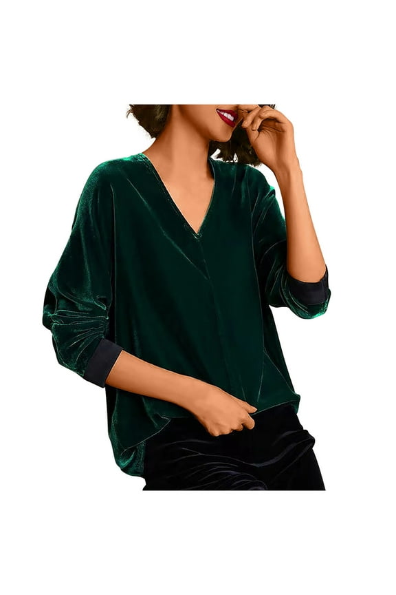 Women's Plus Size Retro Velvet Top V Neck Long Sleeve Shirts Casual Tunic Blouse Trendy Fall Loose Fit Shirt