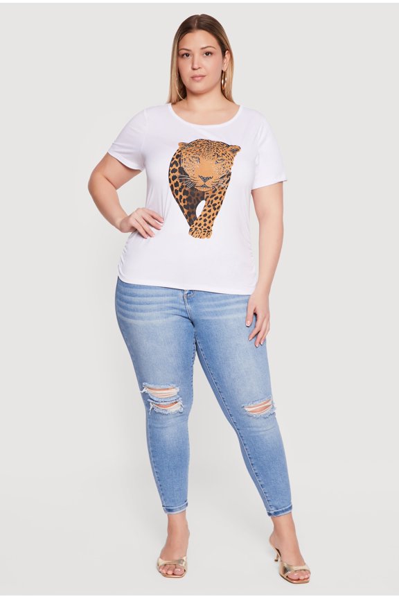 Women's Plus Size Rhinestone Leopard Graphic Tee