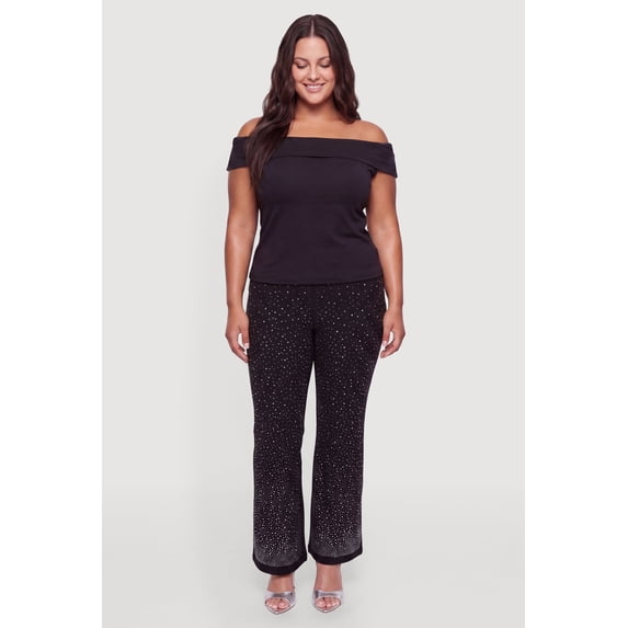 Women's Plus Size Rhinestone Studded Flare Leg Pull On Pants