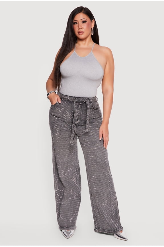 Women's Plus Size Rhinestone  Tie Waist Belted Wide Leg Jeans