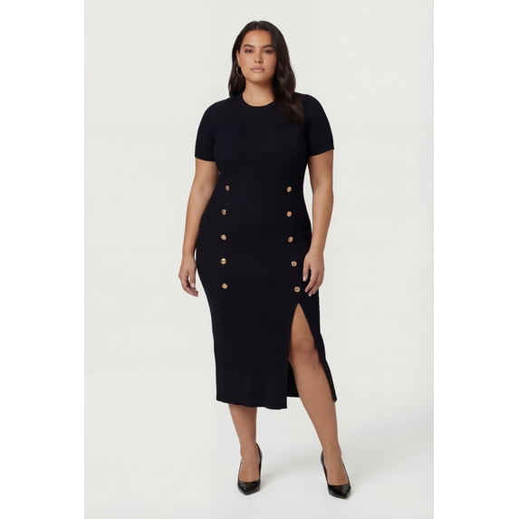 Women's Plus Size Rib Knit Button Detail Side Slit Midi Dress