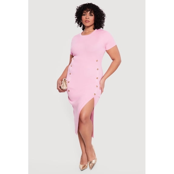 Women's Plus Size Rib Knit Button Detail Side Slit Midi Dress
