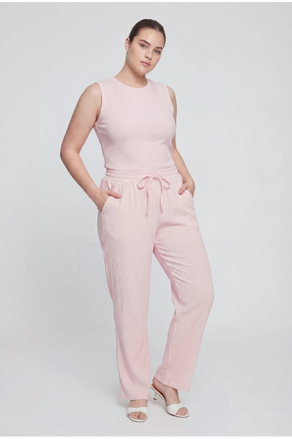 Women's Plus Size Rib Knit High Waisted Wide Leg Pants
