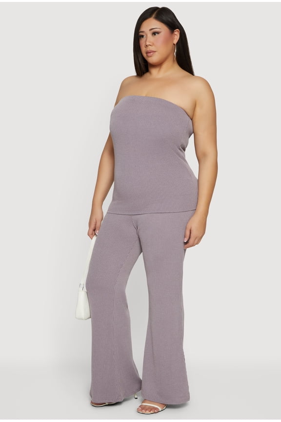 Women's Plus Size Rib Knit Pull On Flare Pants