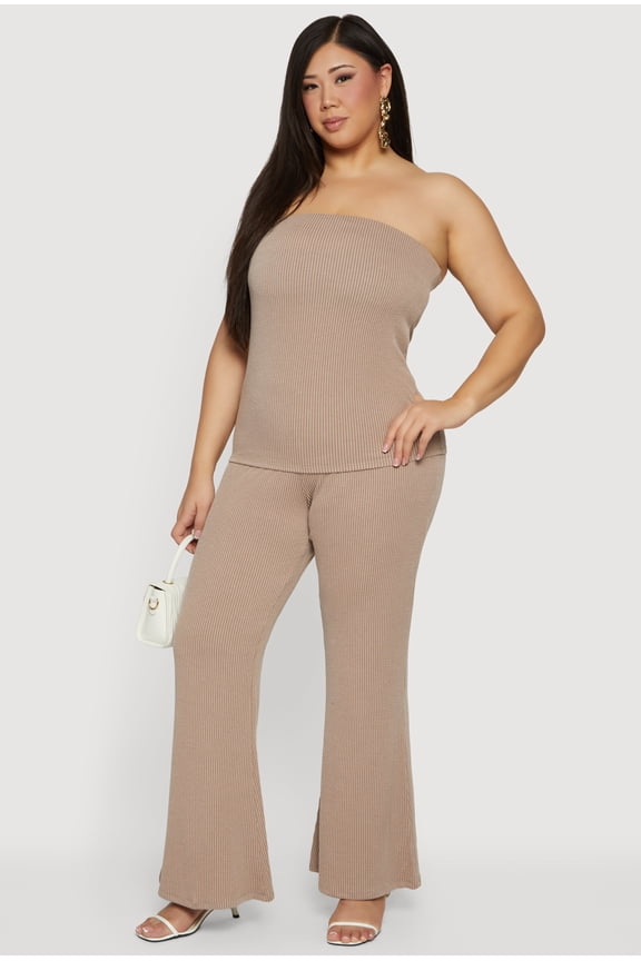 Women's Plus Size Rib Knit Pull On Flare Pants