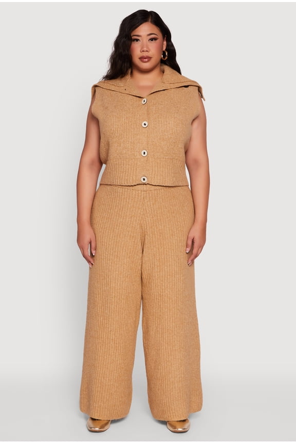 Women's Plus Size Rib Knit Pull On Wide Leg Pants
