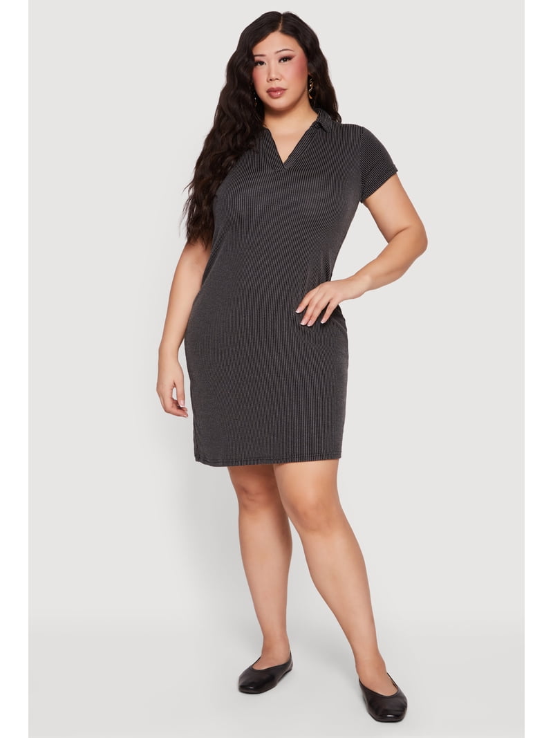 short sleeve knitted dress Women's Plus Size Rib Knit Mini Polo Padded Enough For