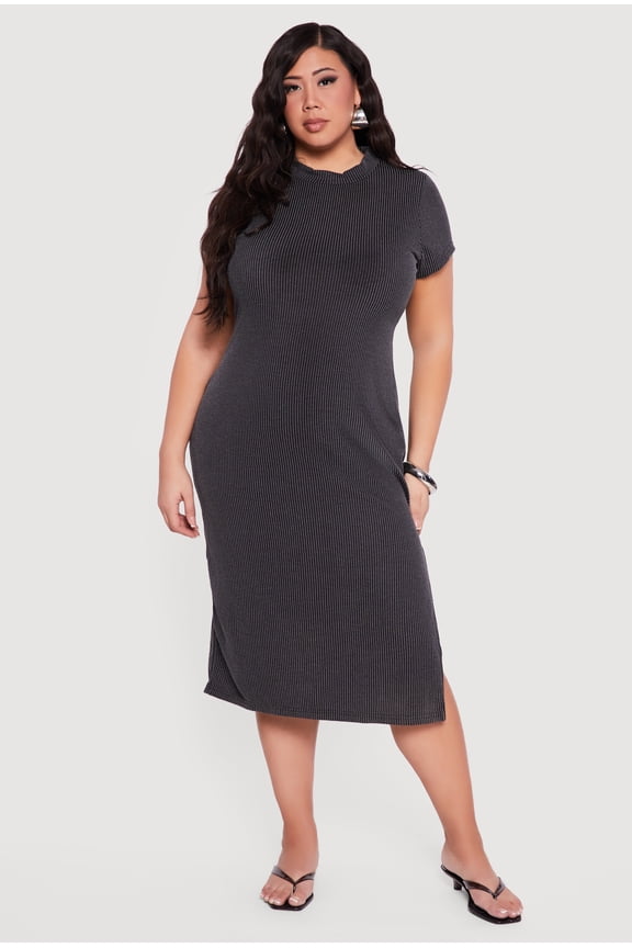 Women's Plus Size Rib Knit Short Sleeve Mock Neck Side Slit Midi Dress