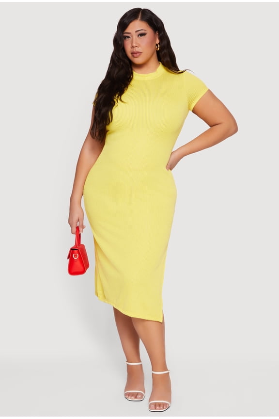 Women's Plus Size Rib Knit Short Sleeve Mock Neck Side Slit Midi Dress