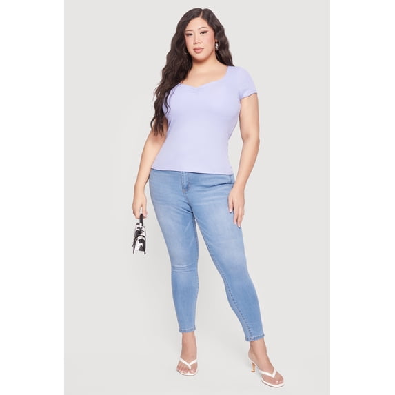 Women's Plus Size Rib Knit Short Sleeve Sweetheart Top